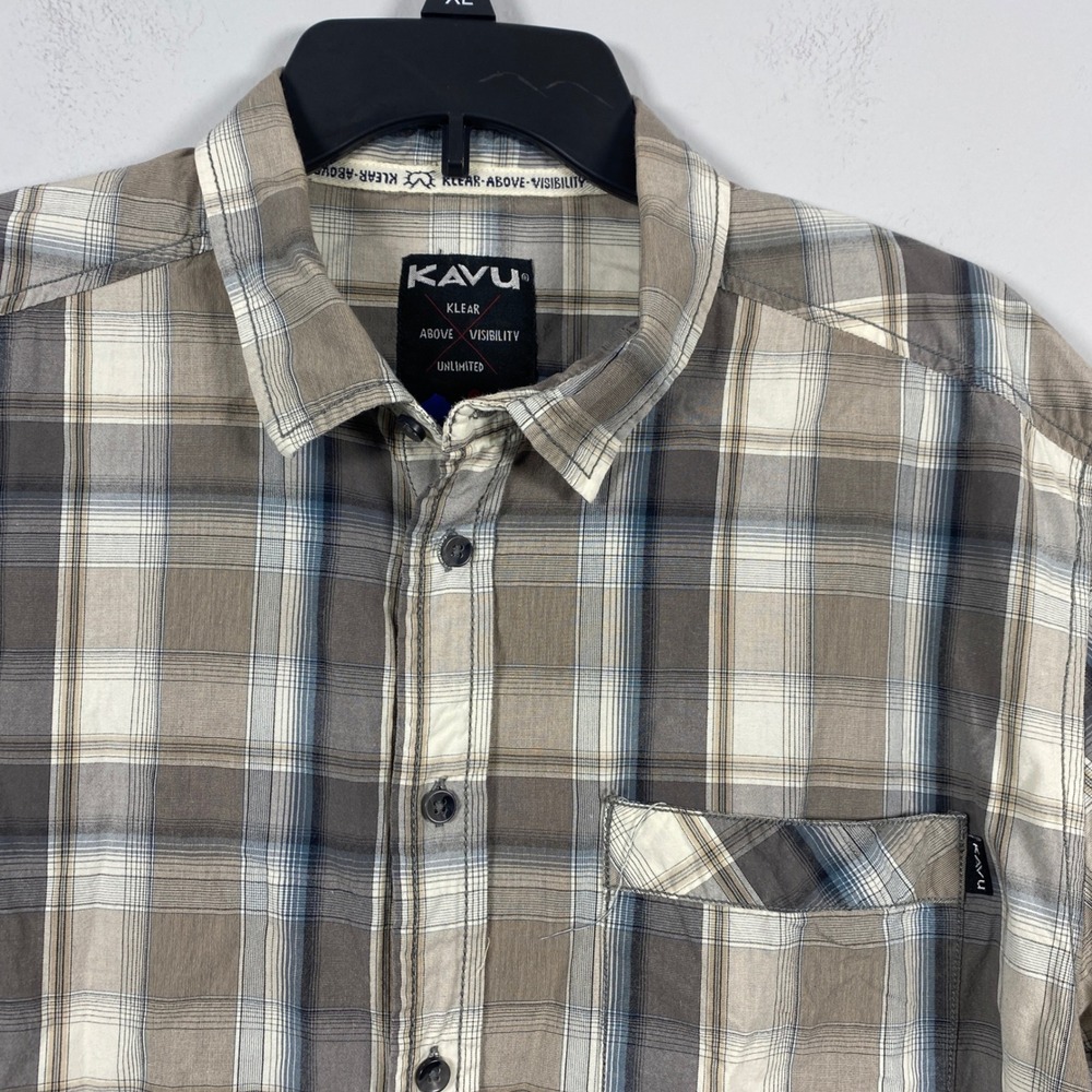 Kavu Button Up Shirt‎ Men's XL Brown Tan Plaid Check Outdoors Hiking Gorpcore